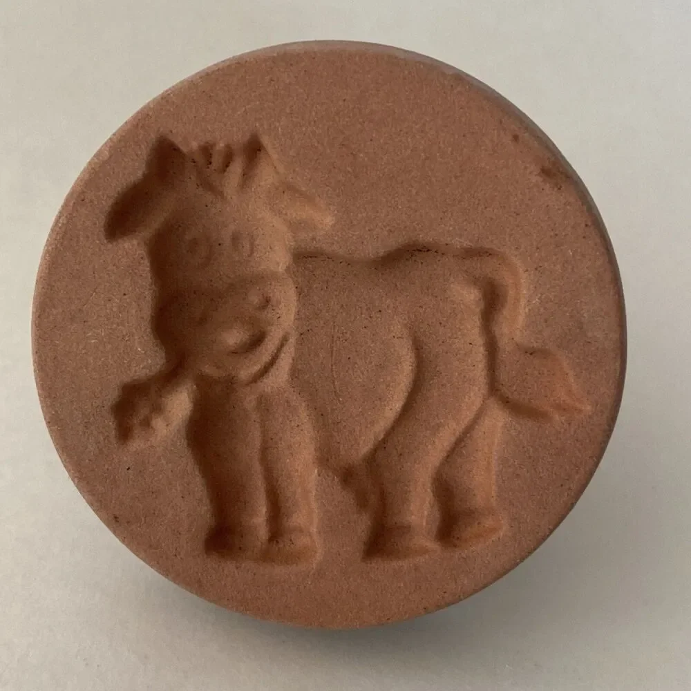 Cookie Stamp Terra Cotta Cow 2” Round Handle Green Glaze